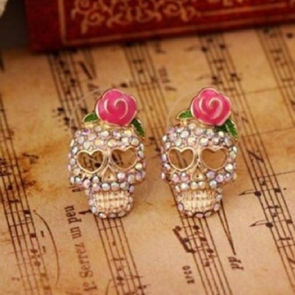 Day of the Dead Sugar Skull Crystal Earrings - Picture 1 of 2